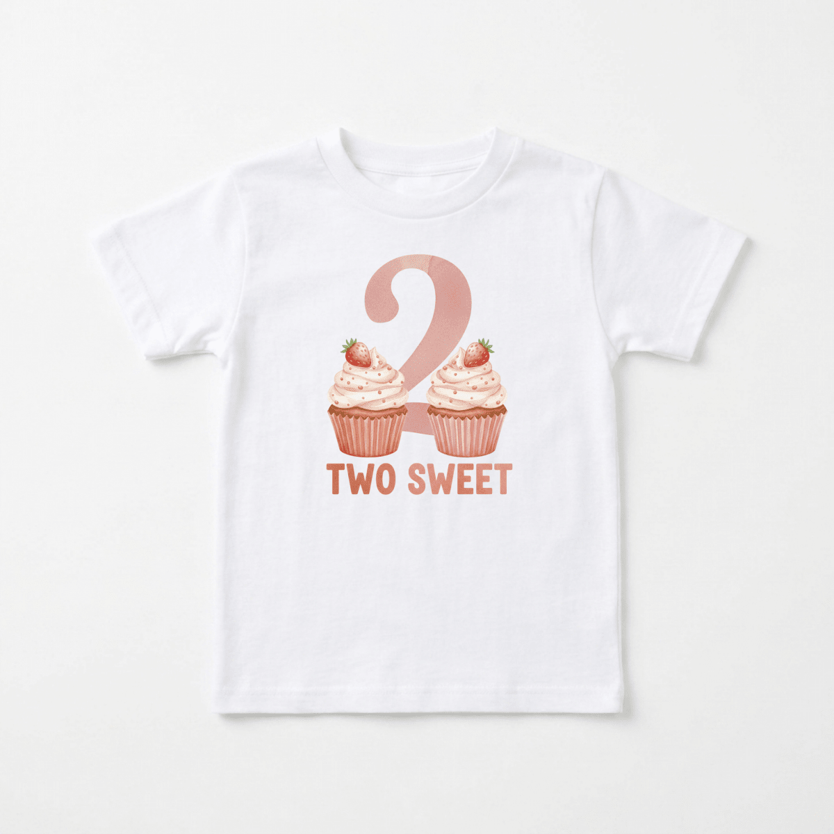 Dress your little one in the Toodleroos 2nd Birthday Toddler Shirt – Two Sweet Cupcake Short-Sleeve Tee, featuring a white base with a large pink number 2, two strawberry-topped cupcakes, and “TWO SWEET” printed below in pink letters—a perfect cupcake birthday outfit for your child’s second birthday celebration.