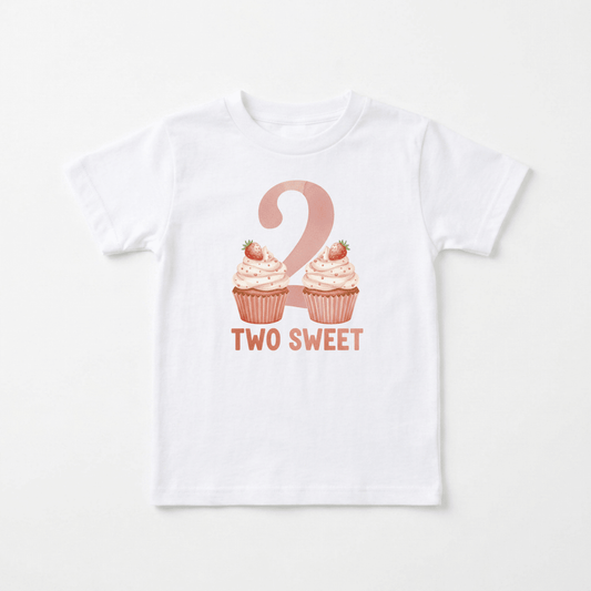 Dress your little one in the Toodleroos 2nd Birthday Toddler Shirt – Two Sweet Cupcake Short-Sleeve Tee, featuring a white base with a large pink number 2, two strawberry-topped cupcakes, and “TWO SWEET” printed below in pink letters—a perfect cupcake birthday outfit for your child’s second birthday celebration.