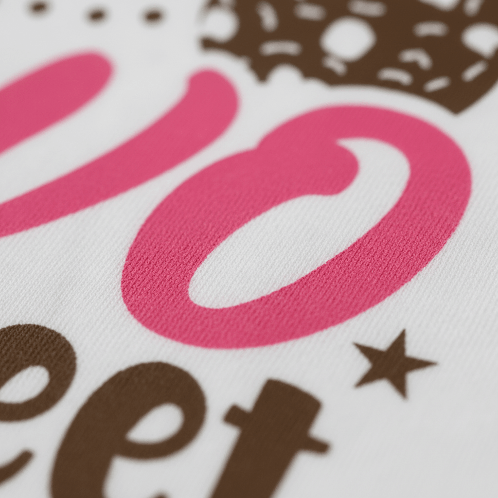 Close-up of the fabric from a Toodleroos Two Sweet Toddler Shirt – Cookie 2nd Birthday Tee, featuring pink and brown printed text and graphics, including a large pink “O,” brown lettering, a small star, and part of a circular donut-inspired design on a white background—perfect as a 2nd birthday shirt or cookie-themed birthday tee.