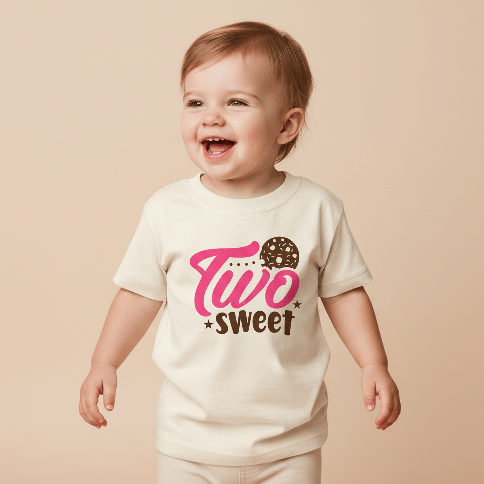 A happy toddler wearing the Toodleroos Two Sweet Toddler Shirt – Cookie 2nd Birthday Tee, featuring a cute cookie graphic, stands against a neutral background—perfect for celebrating their second birthday.