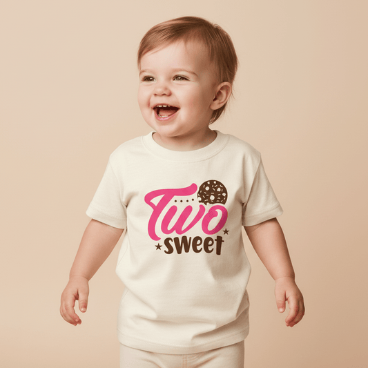 A happy toddler wearing the Toodleroos Two Sweet Toddler Shirt – Cookie 2nd Birthday Tee, featuring a cute cookie graphic, stands against a neutral background—perfect for celebrating their second birthday.