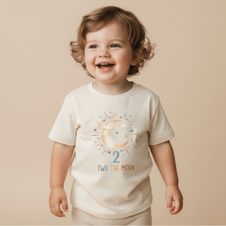 A smiling young child with curly brown hair wears the Toodleroos 2nd Birthday Toddler Shirt – Two the Moon Celestial Short-Sleeve Tee, featuring a moon, stars, the number 2, and “Two the Moon,” while standing against a neutral background.