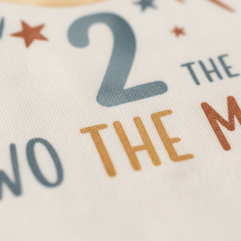Close-up of the fabric from the Toodleroos 2nd Birthday Toddler Shirt – Two the Moon Celestial Short-Sleeve Tee, featuring colorful blue, yellow, and red text and star designs. Visible letters include: 2, WO THE, and THE M—suggesting the playful “Two the Moon” theme for a second birthday shirt. The shirt’s fabric texture is clearly shown.