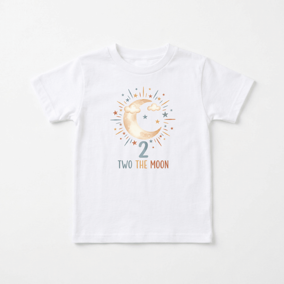 Dress your little one in the Toodleroos 2nd Birthday Toddler Shirt – Two the Moon Celestial Short-Sleeve Tee! This white shirt showcases a crescent moon with stars, encircled by colorful rays. Underneath, playful lettering spells out “2 TWO THE MOON.” It’s a fun and vibrant choice for a toddler birthday outfit or 2nd birthday celebration, with the cheerful design centered on the front.