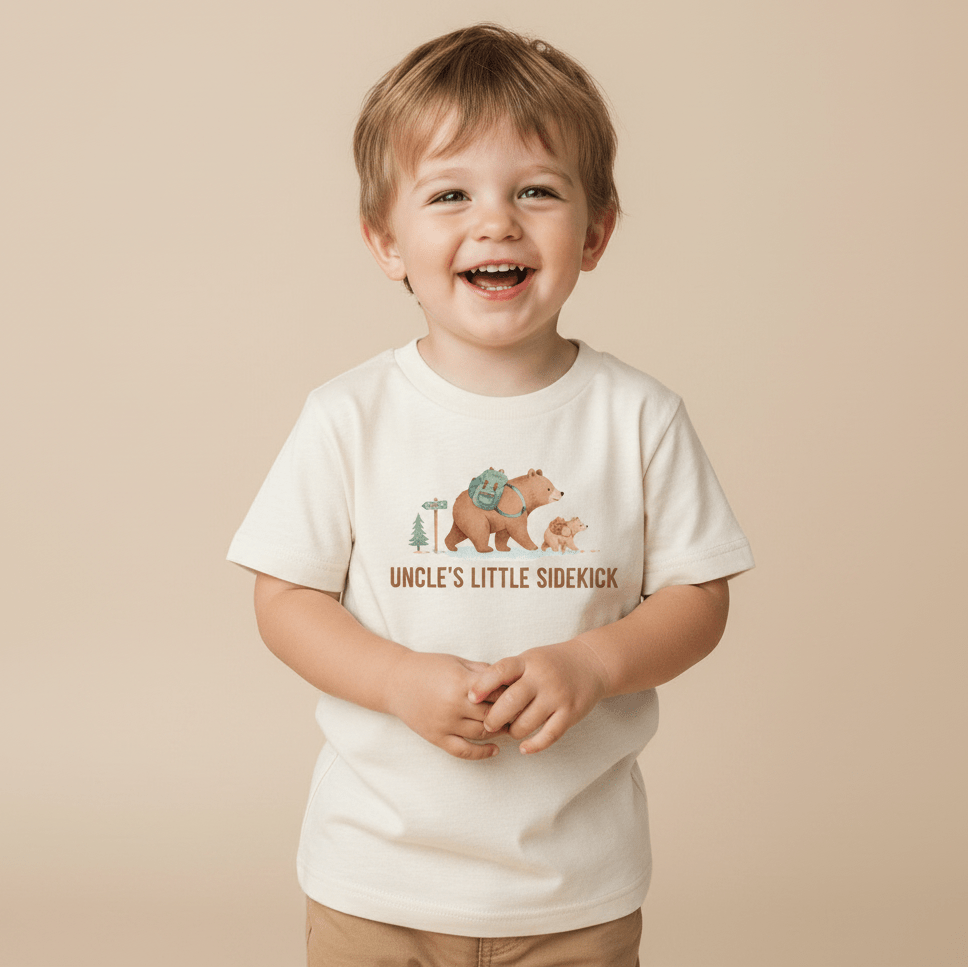 A smiling young child stands against a plain beige background, wearing the Toodleroos Uncle’s Little Sidekick Toddler Shirt – Hiking Bear Tee.