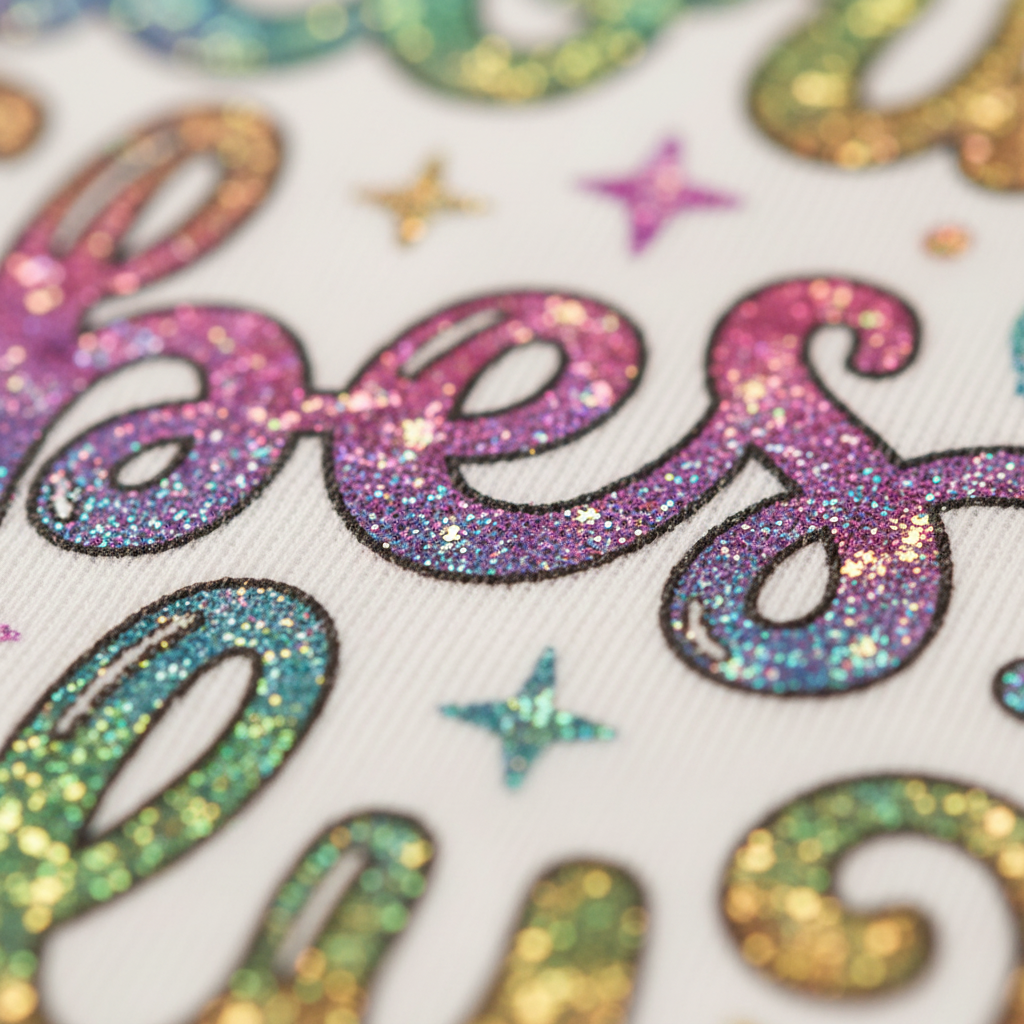 Close-up of the Toodleroos “Unicorn Vibes Only” toddler girls shirt, featuring colorful glittery letters with a rainbow gradient effect on a white background and surrounded by small star shapes. This Sparkle Unicorn Tee is bright, cheerful, and eye-catching—perfect for birthdays or any unicorn-loving little one!.
