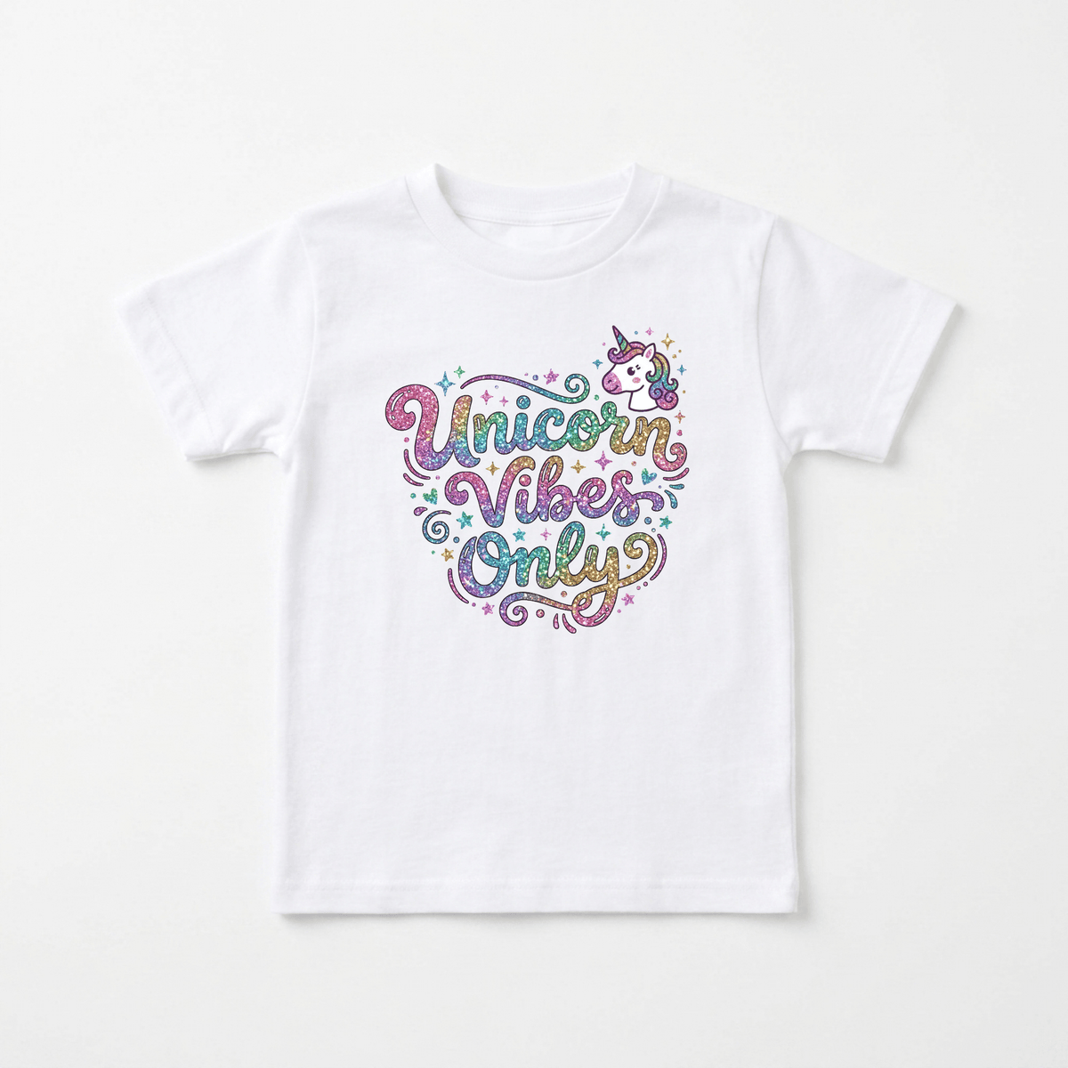 The Unicorn Vibes Only Toddler Girls Shirt – Sparkle Unicorn Tee from Toodleroos features a white design with colorful, glittery text that reads “Unicorn Vibes Only” and a small unicorn graphic above the lettering, accented with stars and swirls—making it the perfect magical birthday shirt or unicorn-themed toddler tee.