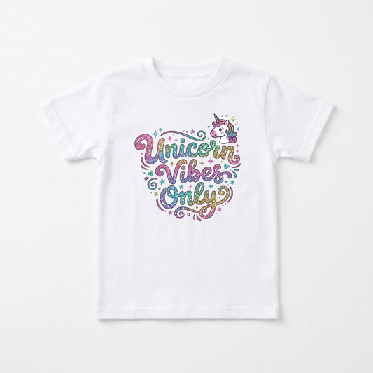 The Unicorn Vibes Only Toddler Girls Shirt – Sparkle Unicorn Tee from Toodleroos features a white design with colorful, glittery text that reads “Unicorn Vibes Only” and a small unicorn graphic above the lettering, accented with stars and swirls—making it the perfect magical birthday shirt or unicorn-themed toddler tee.