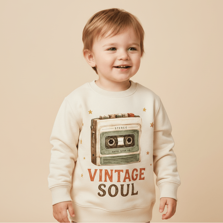 A happy toddler models the Toodleroos Toddler Music Sweatshirt – a Vintage Soul Retro Cassette Pullover with a cassette tape graphic and “VINTAGE SOUL” printed on the front, set against a neutral beige background.