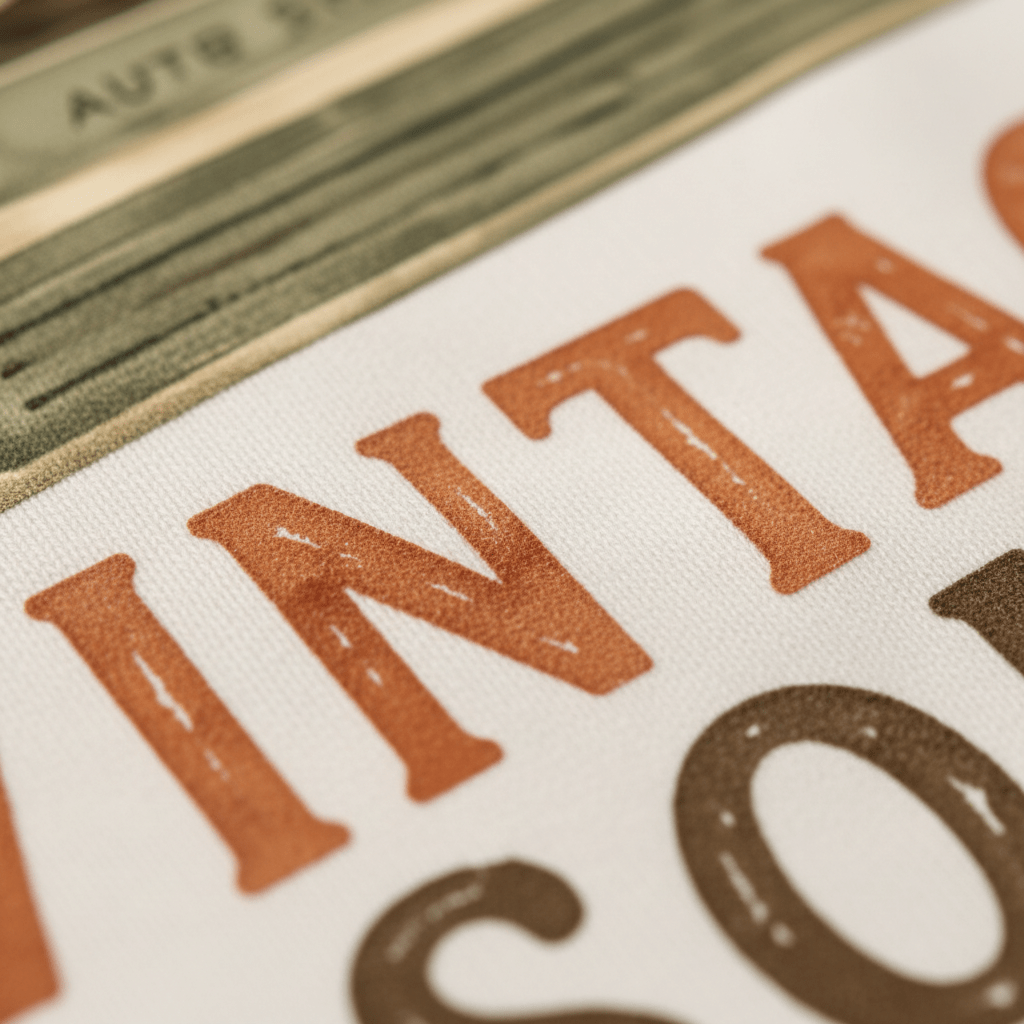 Close-up of fabric featuring the words VINTAGE SOUL in large, bold, orange letters, accented with green and brown in a retro cassette motif—part of the Toddler Music Sweatshirt – Vintage Soul Retro Cassette Pullover by Toodleroos, perfect for adding nostalgic style to your little one’s wardrobe.