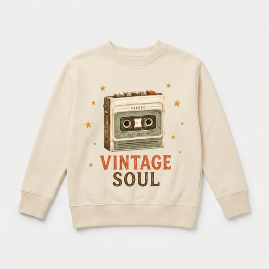 The Toodleroos Toddler Music Sweatshirt – Vintage Soul Retro Cassette Pullover features a beige design with a cassette tape illustration accented by tiny stars and “Vintage Soul” boldly printed below.