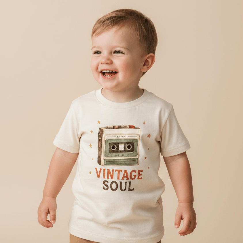 A cheerful toddler wears the Toodleroos Toddler Music Shirt – Vintage Soul Retro Cassette Short-Sleeve Tee, featuring a retro cassette tape graphic and the words “VINTAGE SOUL,” while standing against a beige background.