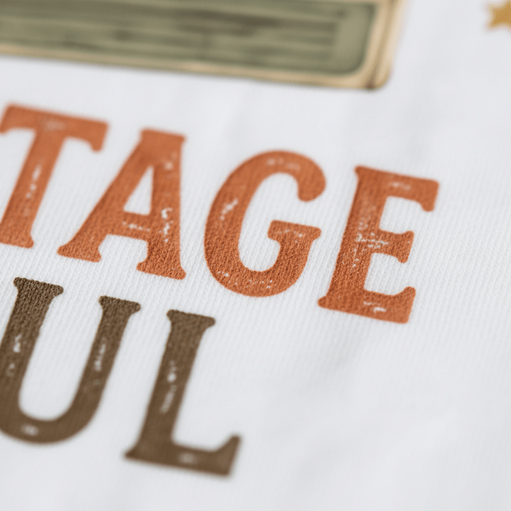 Close-up of fabric from the Toodleroos Toddler Music Shirt – Vintage Soul Retro Cassette Short-Sleeve Tee, featuring large, partially visible orange and brown letters in a bold, distressed font that spell out part of “VINTAGE SOUL”—ideal for little retro cassette fans or vintage soul shirt enthusiasts.