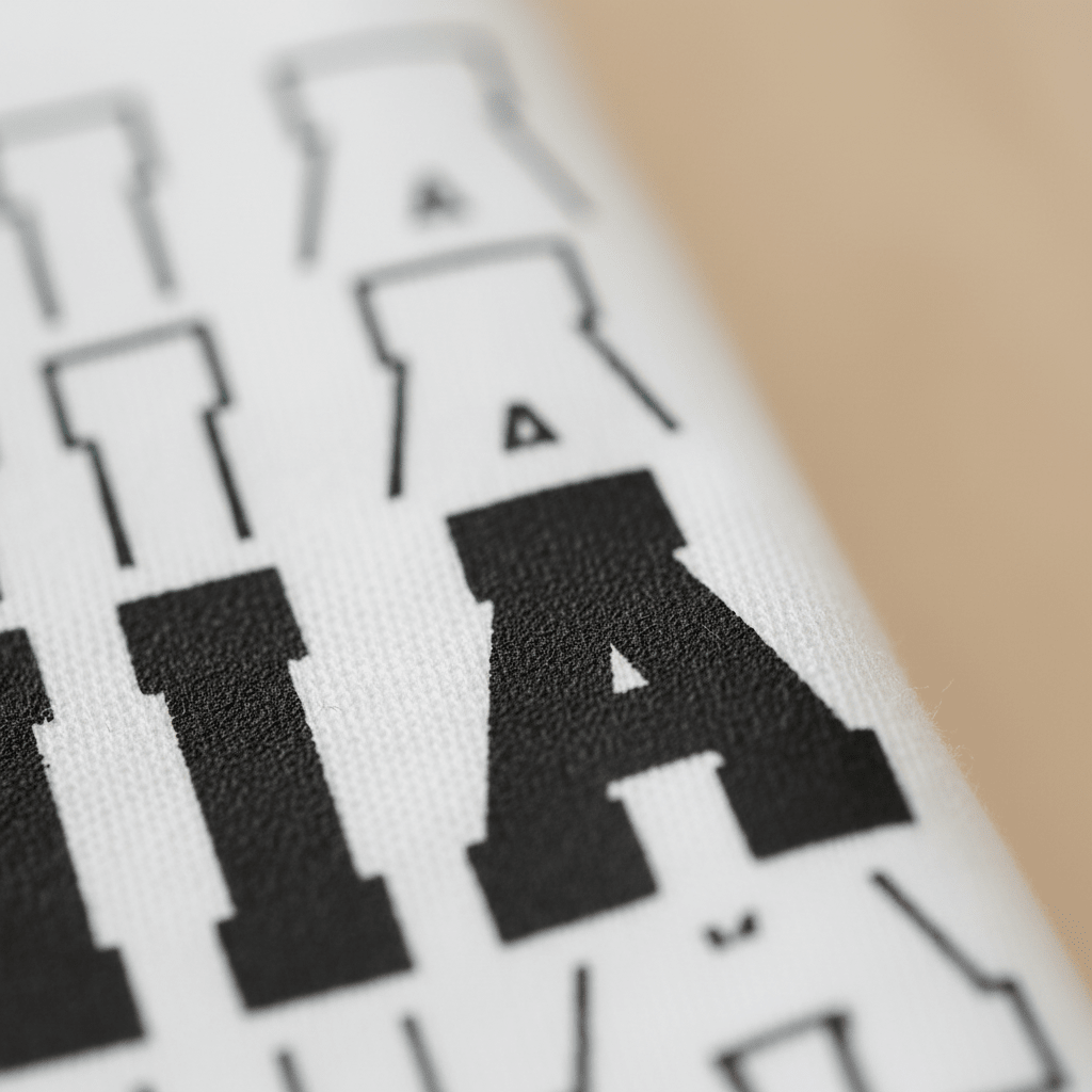 Sure! Here’s the rewritten sentence using your provided product data: A close-up view captures the black bold varsity lettering printed on white fabric, showcasing the detailed texture of both ink and textile fibers—this Toodleroos Virginia Varsity Toddler Shirt – Kids State Pride Tee features a graphic that celebrates hometown pride, set against a soft beige background for extra emphasis.