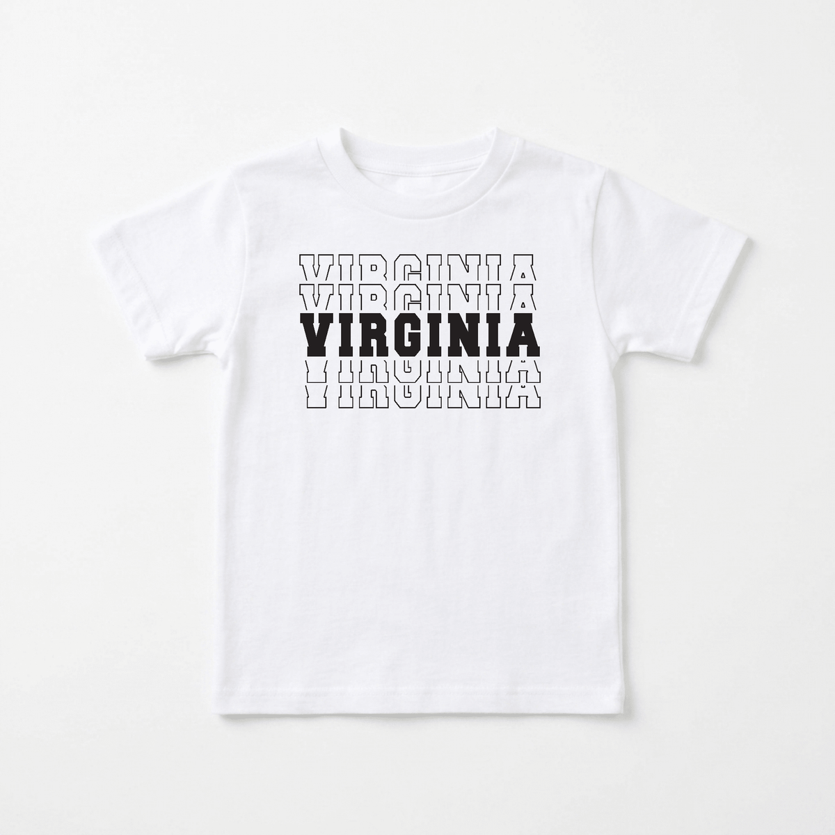 The Toodleroos Virginia Varsity Toddler Shirt – Kids State Pride Tee features a classic varsity graphic style, with “VIRGINIA” printed three times in outlined letters and the middle “VIRGINIA” in bold black text—perfect for little ones to showcase their hometown pride.