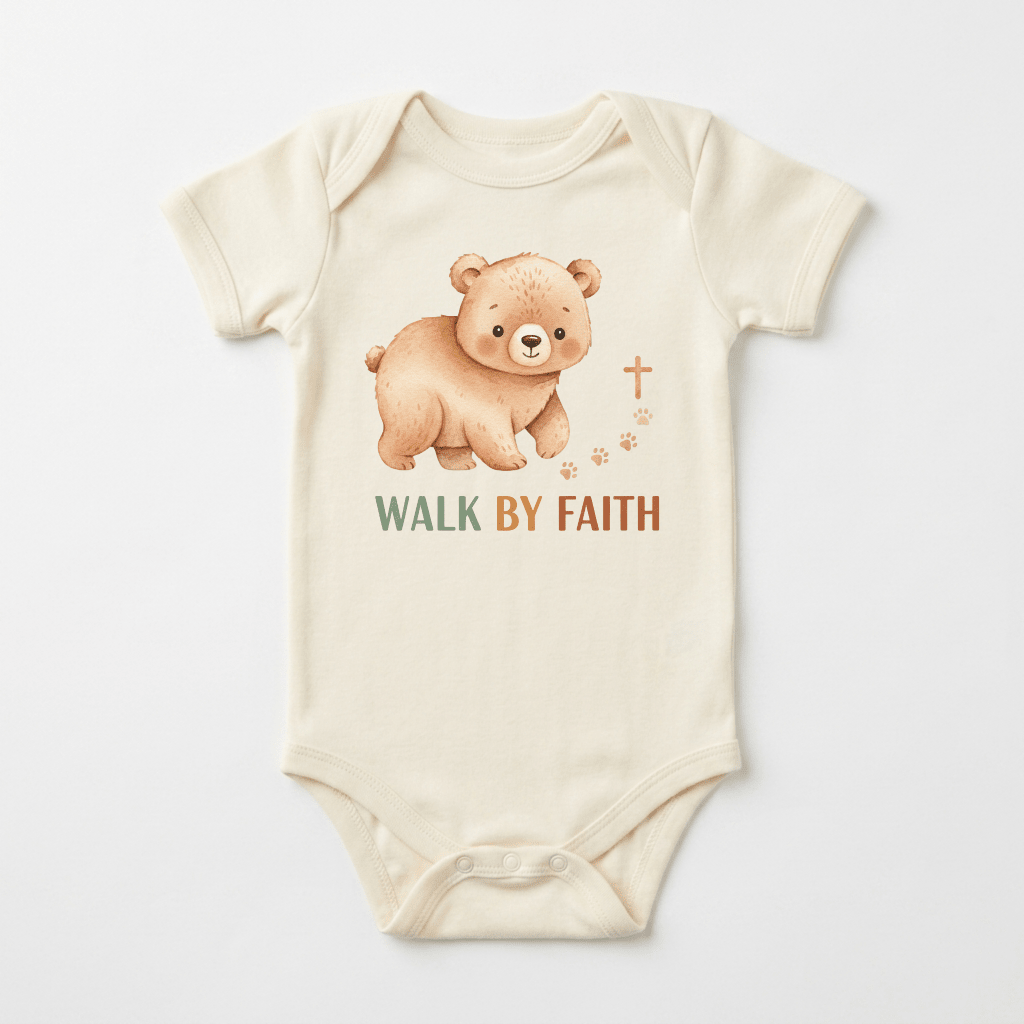 Dress your little one in inspiration with the Toodleroos Walk by Faith Baby Onesie – Christian Bear Design. This cream-colored onesie features an adorable bear, paw prints, a small cross, and WALK BY FAITH printed on the front in green and brown letters—making it a meaningful baptism gift or an uplifting choice for everyday wear.