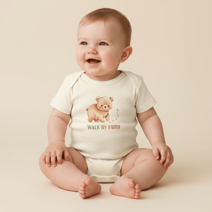 A smiling baby wearing a cream-colored Toodleroos Walk by Faith Baby Onesie – Christian Bear Design, featuring an adorable bear graphic and the words “Walk By Faith,” sits on a light floor against a beige background, making this Christian baby onesie an ideal baptism gift.