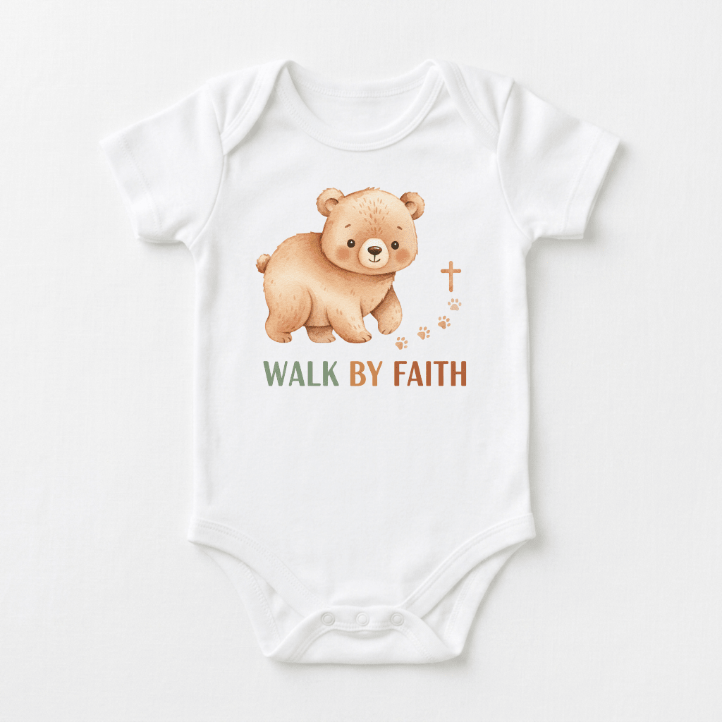 The Toodleroos Walk by Faith Baby Onesie – Christian Bear Design features a charming brown bear, paw prints, a cross, and the words WALK BY FAITH in green and brown lettering on the front. This adorable Christian onesie is ideal for baptisms or offering everyday inspiration to your little one.