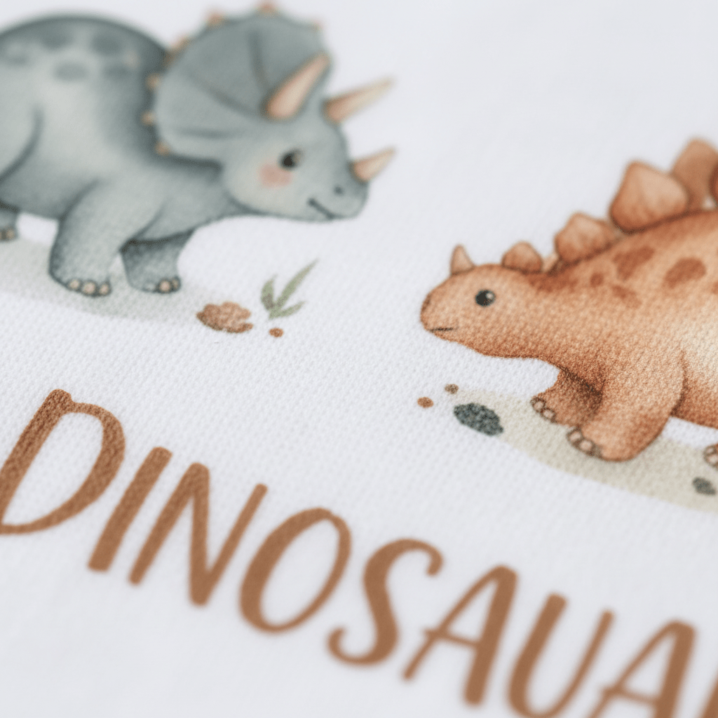 Introducing the Toodleroos “Wild About Dinosaurs” Toddler Shirt – a playful watercolor dino tee featuring a charming illustration of a blue triceratops and an orange stegosaurus on white fabric, with the word DINOSAUR partially visible beneath them—perfect for little dinosaur fans!.