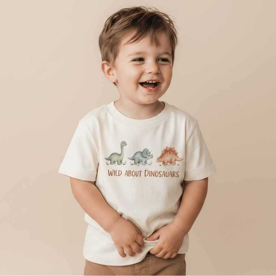 A smiling young boy wears the Toodleroos Wild About Dinosaurs Toddler Shirt – Watercolor Dino Tee, which features playful cartoon dinosaurs and the phrase “Wild About Dinosaurs,” as he stands against a beige background.