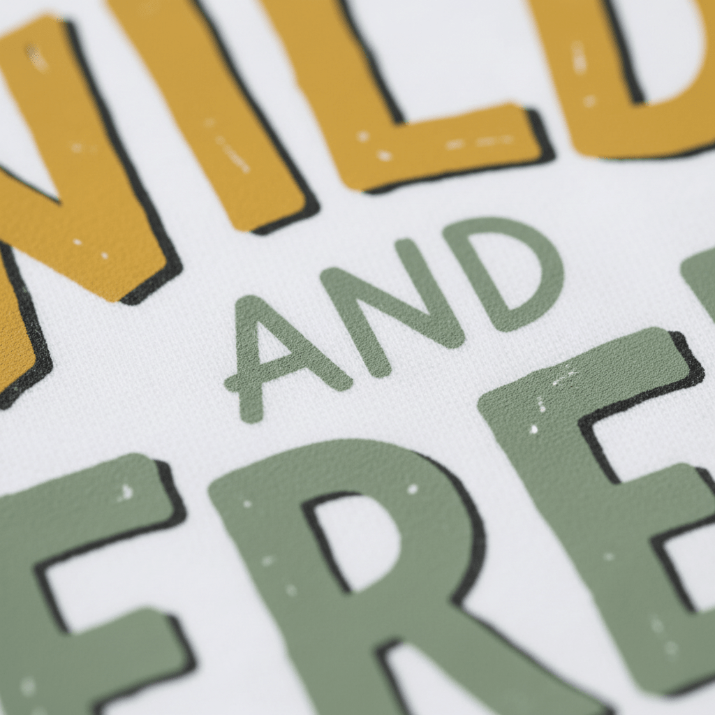 Close-up of textured text on a white background reading “AND,” with hints of mustard yellow and green partial letters peeking in, evoking more words above and below—an ideal detail from the Toodleroos Wild and Free Boho Toddler Shirt – Feathered Arrow Tee, perfect for nature-inspired or playful boho kids’ outfits.
