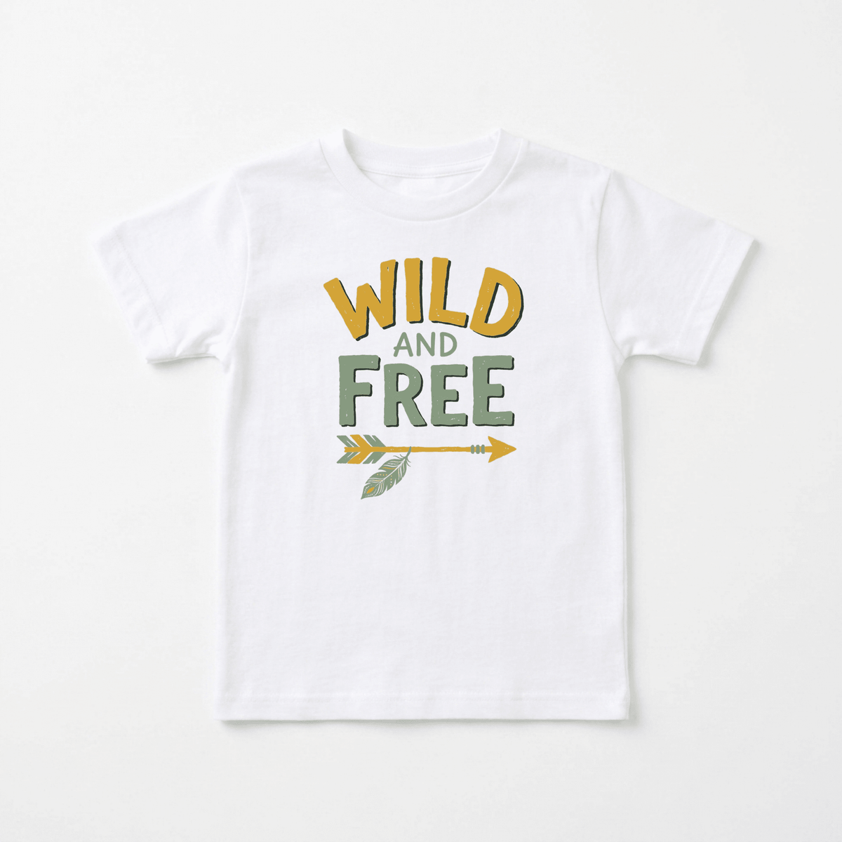 The Wild and Free Boho Toddler Shirt by Toodleroos is a white tee featuring “WILD AND FREE” in yellow and green lettering above a green and yellow feathered arrow, set against a simple background.