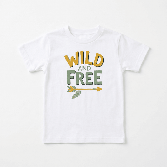 The Wild and Free Boho Toddler Shirt by Toodleroos is a white tee featuring “WILD AND FREE” in yellow and green lettering above a green and yellow feathered arrow, set against a simple background.