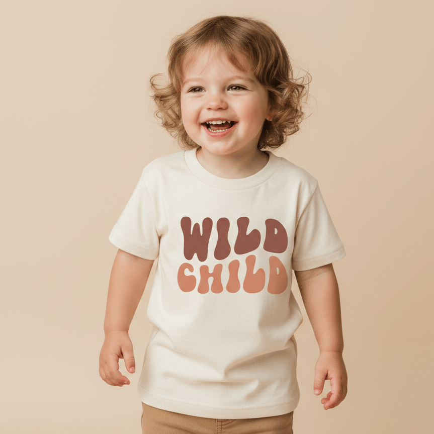 A smiling toddler with curly hair wears the Toodleroos Wild Child Kids Shirt – Boho Retro Tee, featuring bold, retro-style lettering in cream against a plain beige background—an adorable tribute to vintage-inspired kids’ fashion.