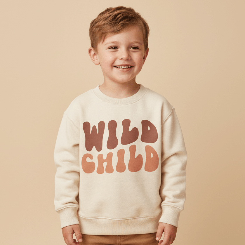 A smiling young boy wearing light brown pants and the Toodleroos Wild Child Kids Sweatshirt – a cozy, boho retro pullover featuring bold, retro-style “WILD CHILD” lettering – stands against a beige background.