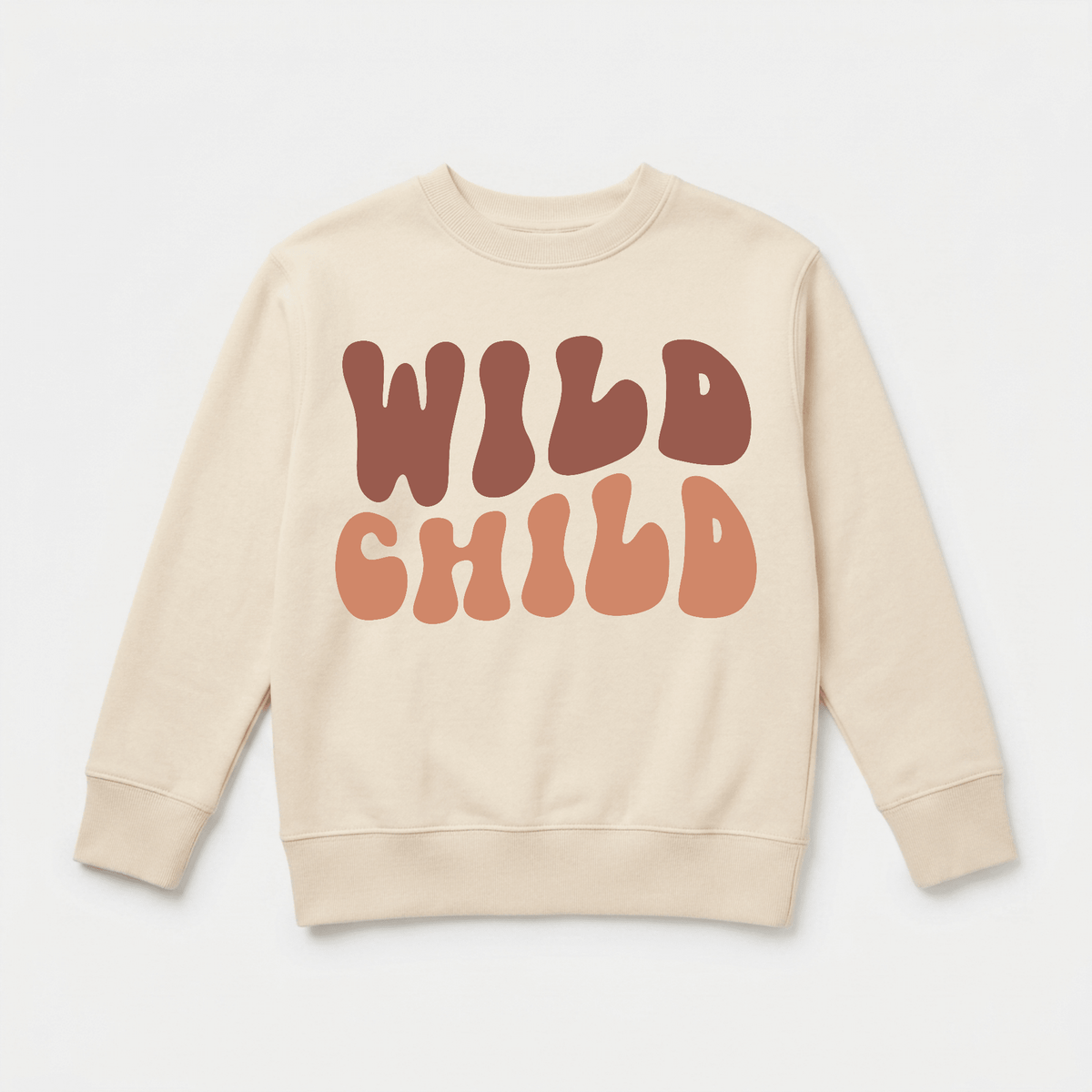 The Wild Child Kids Sweatshirt – Boho Retro Pullover by Toodleroos is a cream-colored, cozy fleece kids’ sweatshirt featuring bold, wavy brown and orange “WILD CHILD” lettering on the front. Perfect for your little free spirit!.