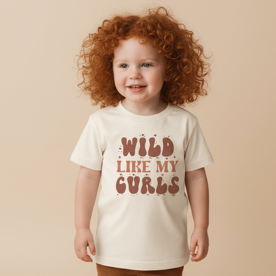 A smiling young child with curly red hair wears the Toodleroos “Wild Like My Curls” Kids Shirt – a boho retro tee featuring bold, playful brown lettering—standing against a plain beige background.