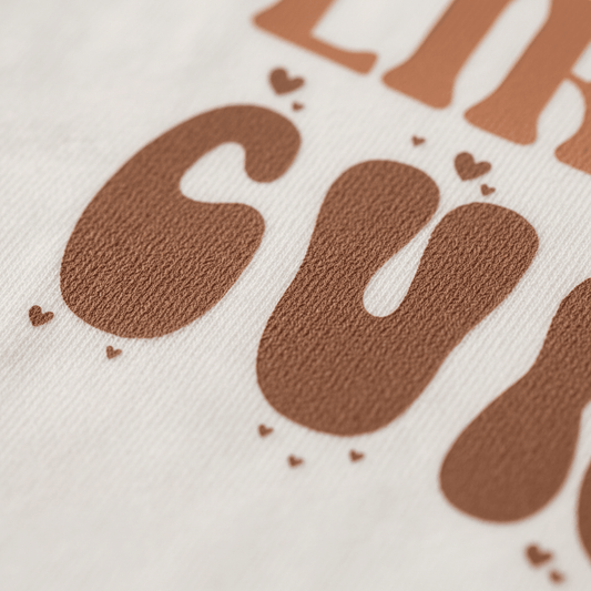 A close-up of the brown, textured “Wild Like My Curls” lettering on white fabric, with small heart shapes scattered around the letters—perfect for a boho or retro kids shirt from Toodleroos.