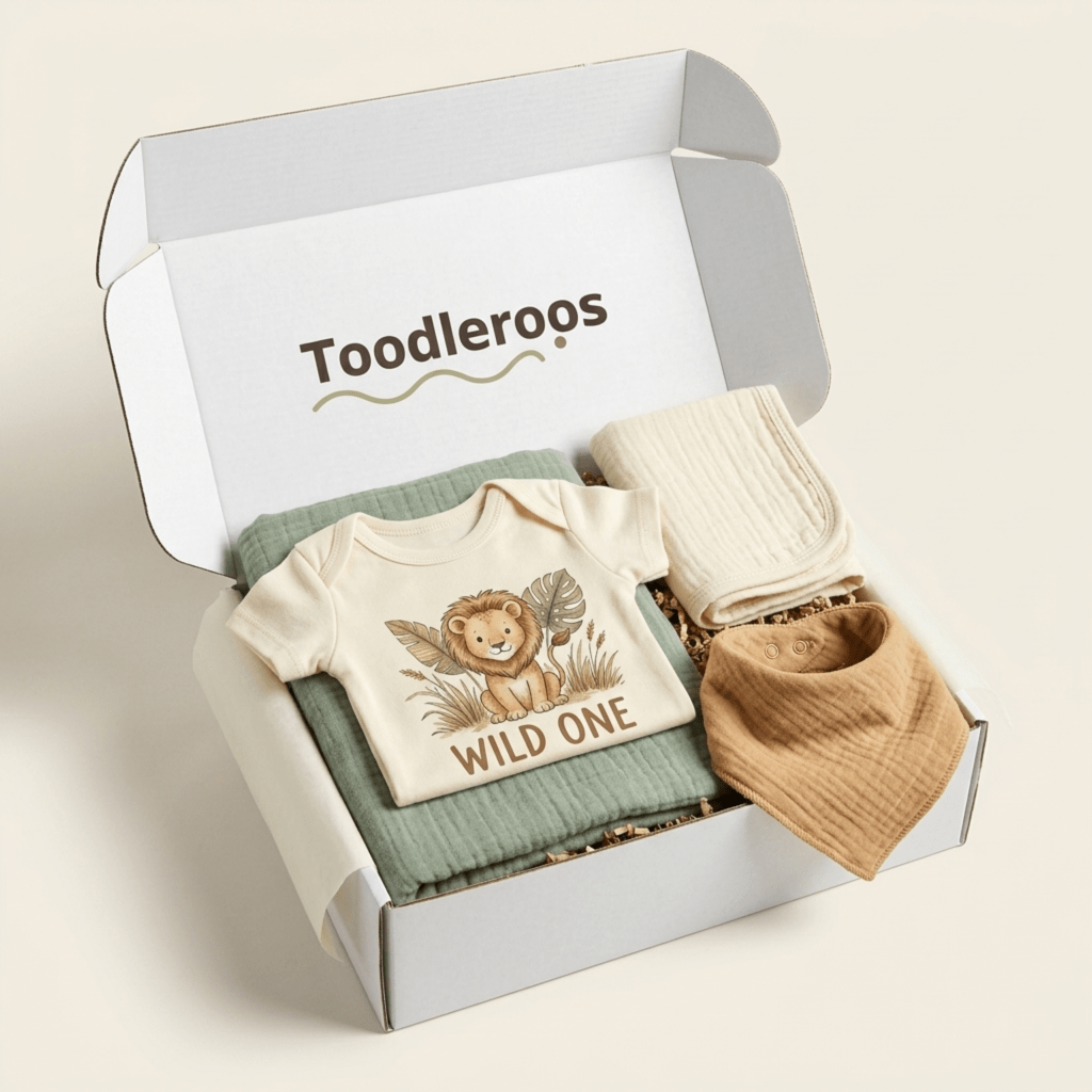 Open the Toodleroos Safari Baby Gift Box – Wild One Lion Baby Shower Gift to find a Wild One onesie featuring a lion, a green blanket, a cream-colored swaddle, and a tan bib arranged neatly inside—perfect for a safari-themed baby gift or lion baby shower present.