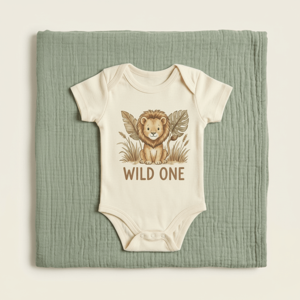 A cream-colored Toodleroos “Safari Baby Gift Box – Wild One Lion Baby Shower Gift” onesie featuring a cartoon lion and the words WILD ONE is placed on a textured green blanket—perfect as a Lion baby shower gift or Safari baby gift.