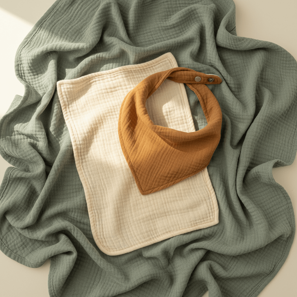 The Toodleroos Safari Baby Gift Box – Wild One Lion Baby Shower Gift features a soft green muslin blanket, a cream-colored burp cloth, and a brown baby bib arranged together, making it the perfect present for an adventurous little one.