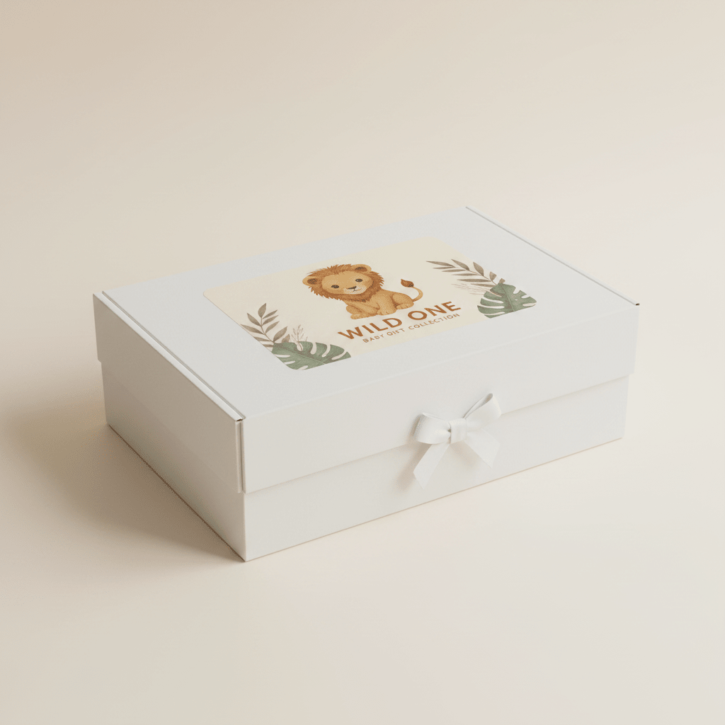 The Toodleroos Safari Baby Gift Box – Wild One Lion Baby Shower Gift is a white box with a small white bow and a lid label featuring a cartoon lion, green leaves, and the text “Wild One”—perfect for safari-themed baby gifts or lion baby shower presents.