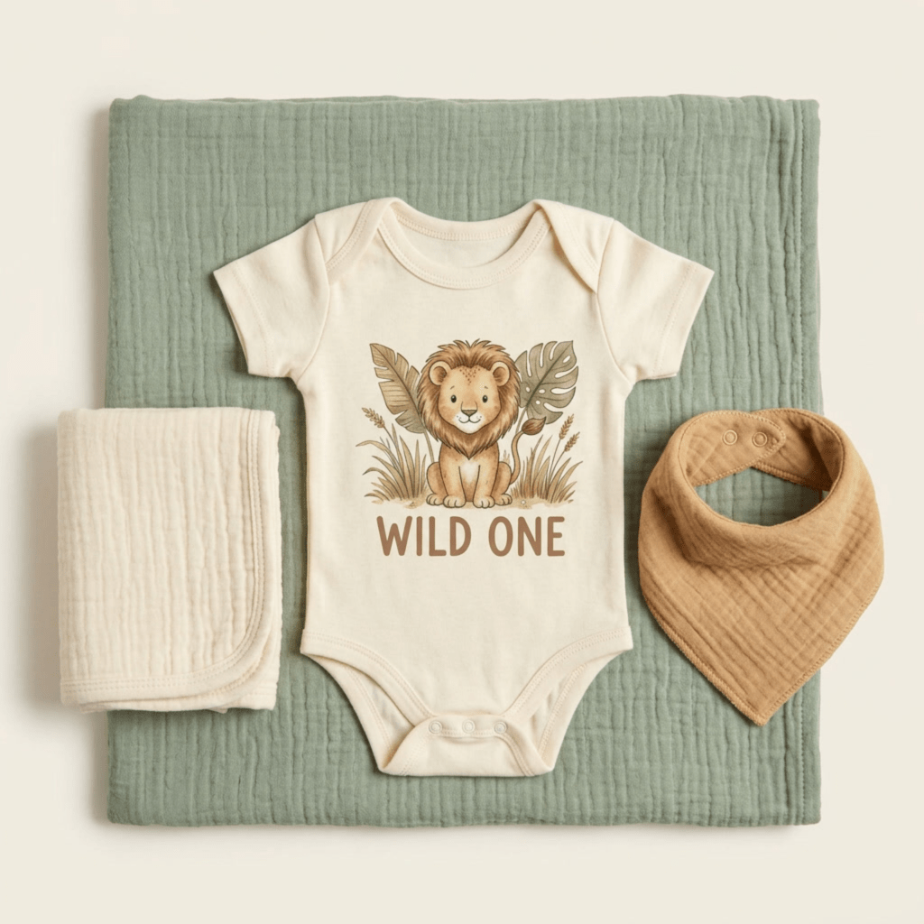 The Toodleroos Safari Baby Gift Box – Wild One Lion Baby Shower Gift features a playful Wild One onesie with a lion design and bold WILD ONE lettering, presented on a green blanket alongside a cream cloth and brown bandana bib—all beautifully arranged on a light background, making it an ideal safari-themed baby gift.