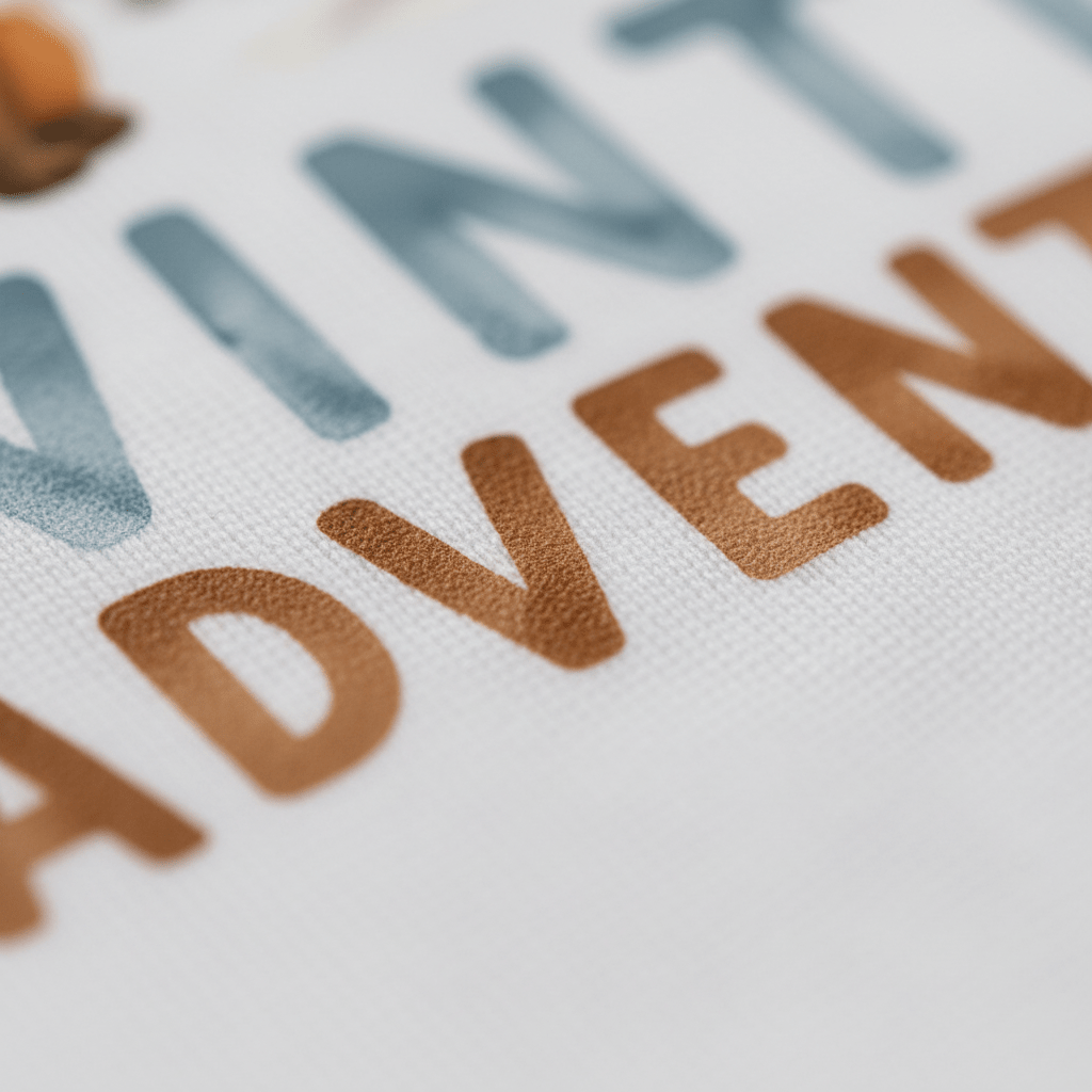 Close-up of the fabric from the Toodleroos Winter Adventure Toddler Shirt – Woodland Animal Design, featuring the printed words WINTER ADVENTURE in textured blue and brown letters, partially visible on a white background—perfect for a cozy winter adventure or woodland-themed outfit.