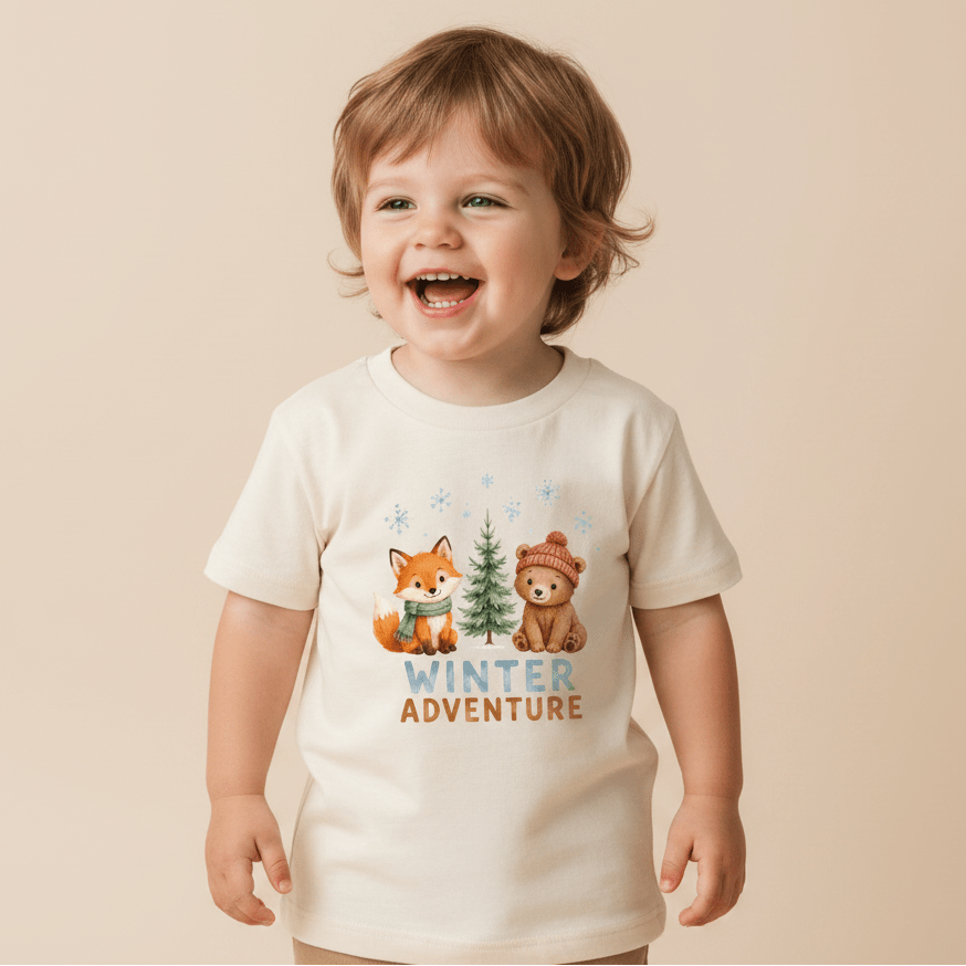 A happy young child stands against a beige background, wearing the Toodleroos “Winter Adventure Toddler Shirt – Woodland Animal Design,” featuring a playful cartoon fox, bear, pine trees, snowflakes, and “Winter Adventure” text on the front.