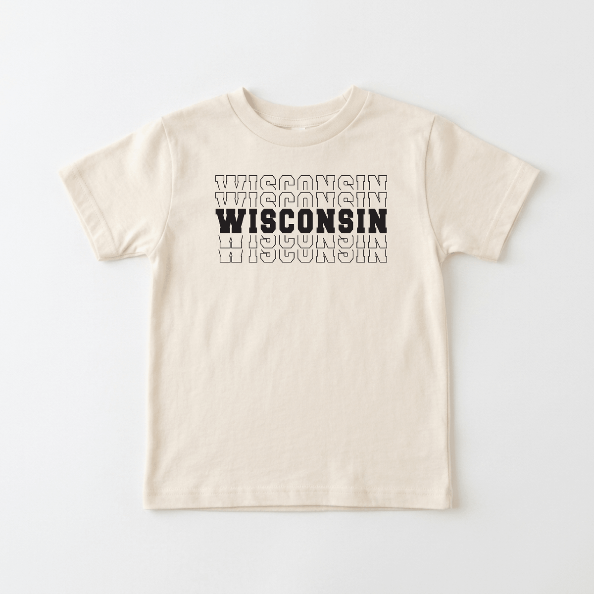Show off your little one’s hometown pride with the Wisconsin Varsity Toddler Shirt – Kids State Pride Tee by Toodleroos. This cream-colored toddler shirt features “WISCONSIN” repeated three times in an outlined design, with the middle “WISCONSIN” bolded in black for a standout look.