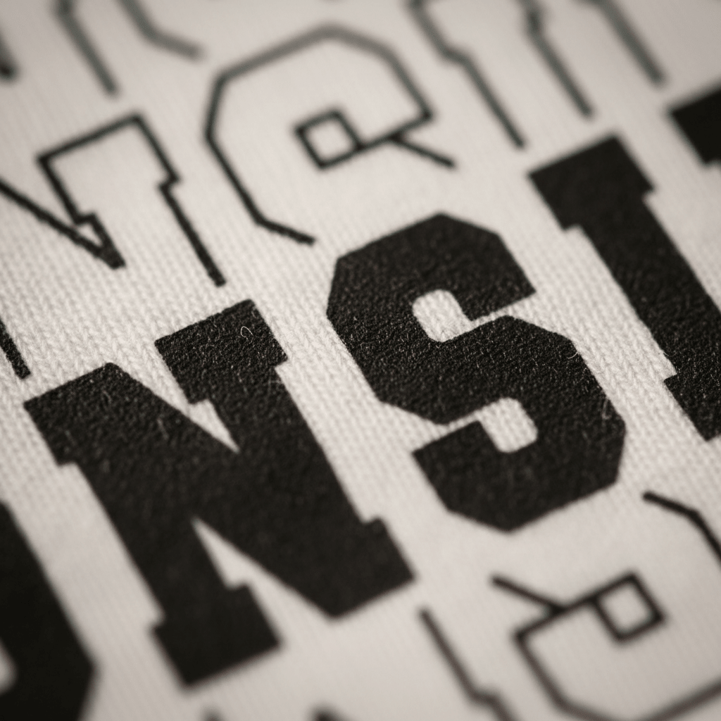Close-up of black, bold, blocky text printed on soft white fabric, with the letter “N” prominently featured at the center. The partial varsity lettering evokes classic hometown pride—perfectly captured by the Wisconsin Varsity Toddler Shirt – Kids State Pride Tee from Toodleroos.