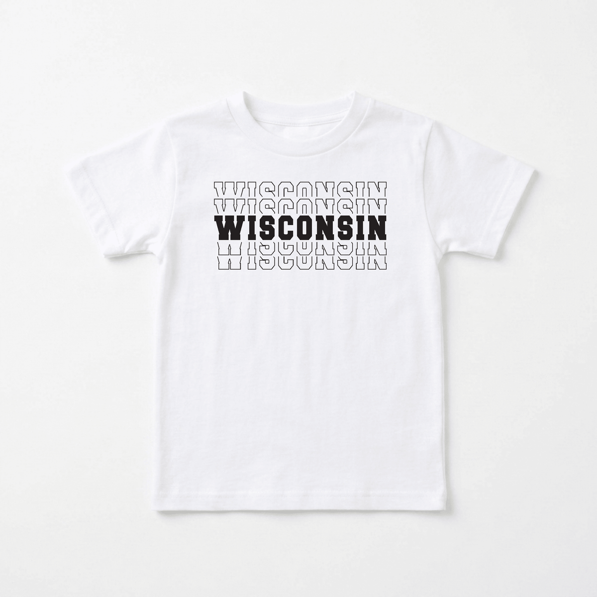 The Toodleroos Wisconsin Varsity Toddler Shirt – Kids State Pride Tee features “WISCONSIN” printed three times in gray outline and once in bold black letters across the chest, making it the perfect tee for toddlers to show off their hometown pride.