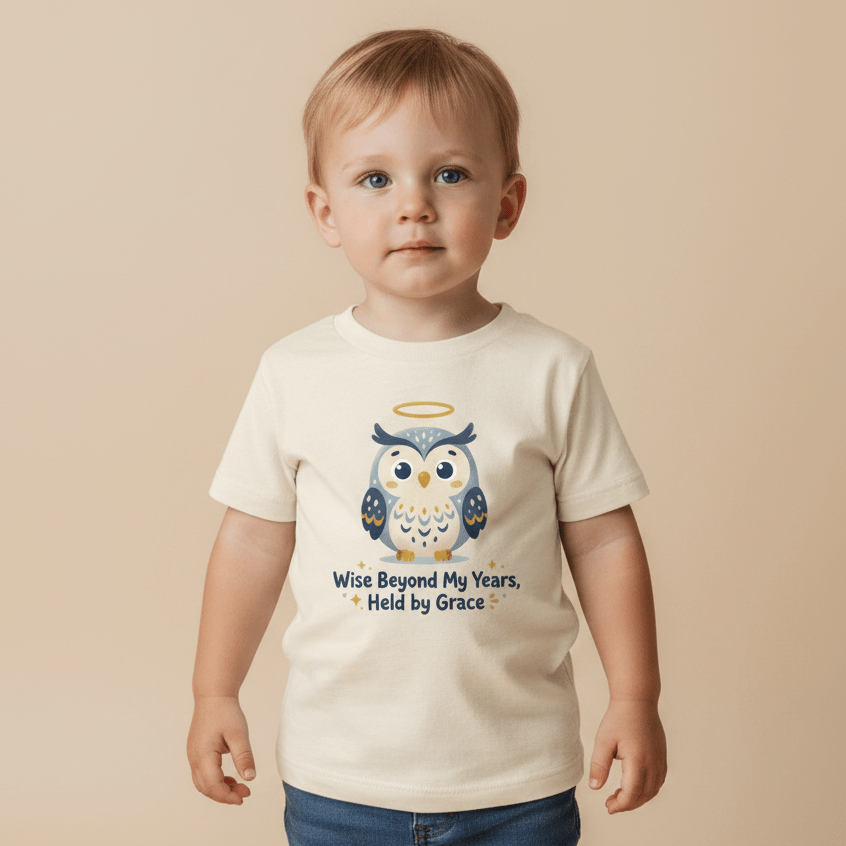 A toddler stands against a beige background, wearing the Toodleroos Wise Beyond My Years Owl Kids Shirt – Faith Tee, a cream-colored top featuring a cartoon owl with a halo and the words “Wise Beyond My Years, Held by Grace” printed on the front.