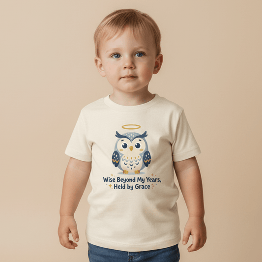 A toddler stands against a beige background, wearing the Toodleroos Wise Beyond My Years Owl Kids Shirt – Faith Tee, a cream-colored top featuring a cartoon owl with a halo and the words “Wise Beyond My Years, Held by Grace” printed on the front.