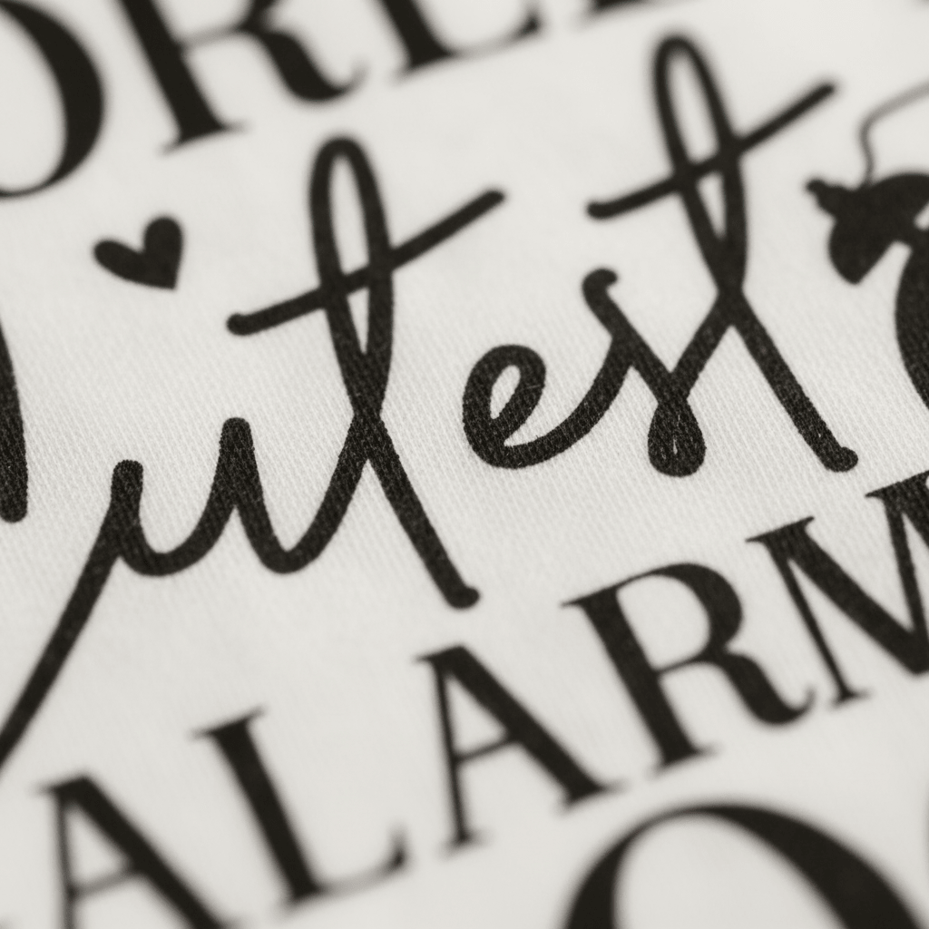Close-up of black cursive and bold text on a white fabric baby bodysuit from Toodleroos, featuring the phrase “World’s Cutest Alarm Clock” with a small heart over the letter i. Other partially visible words include “ALARM.” This unisex World’s Cutest Alarm Clock Onesie makes a perfect baby shower gift, combining stylish design with playful charm.