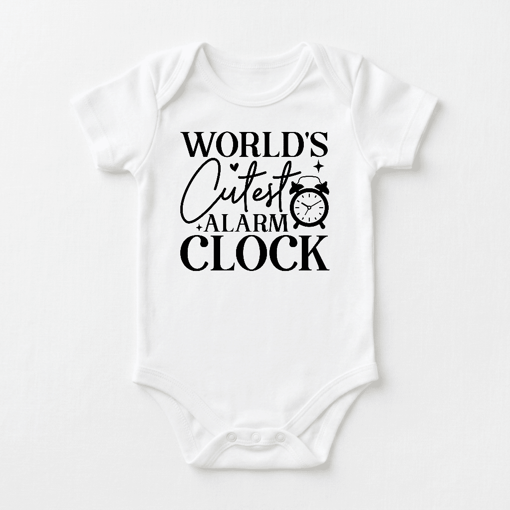 Dress your baby in the Toodleroos World’s Cutest Alarm Clock Onesie – Funny Baby Bodysuit, a white unisex onesie featuring bold black text that says “World’s Cutest Alarm Clock” with a charming alarm clock illustration beside the word “cutest.” This playful bodysuit is perfect for bringing humor to your little one’s wardrobe and also makes a fantastic baby shower gift.