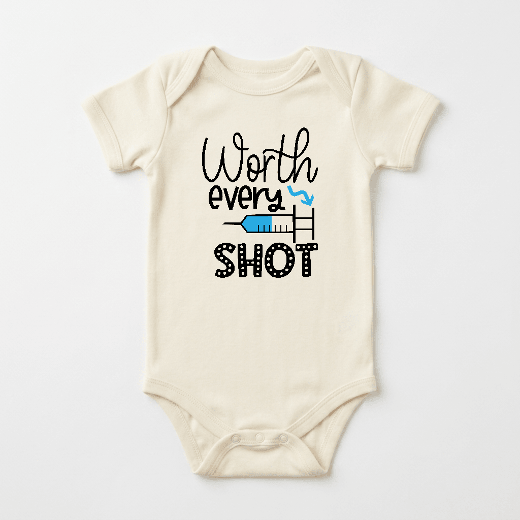 Celebrate your fertility journey with the Toodleroos Worth Every Shot Baby Onesie – IVF Journey Bodysuit, a cream-colored outfit featuring playful “Worth every SHOT” text and a blue and gray syringe graphic underlining each word—perfect as a unique IVF onesie or special baby announcement gift.
