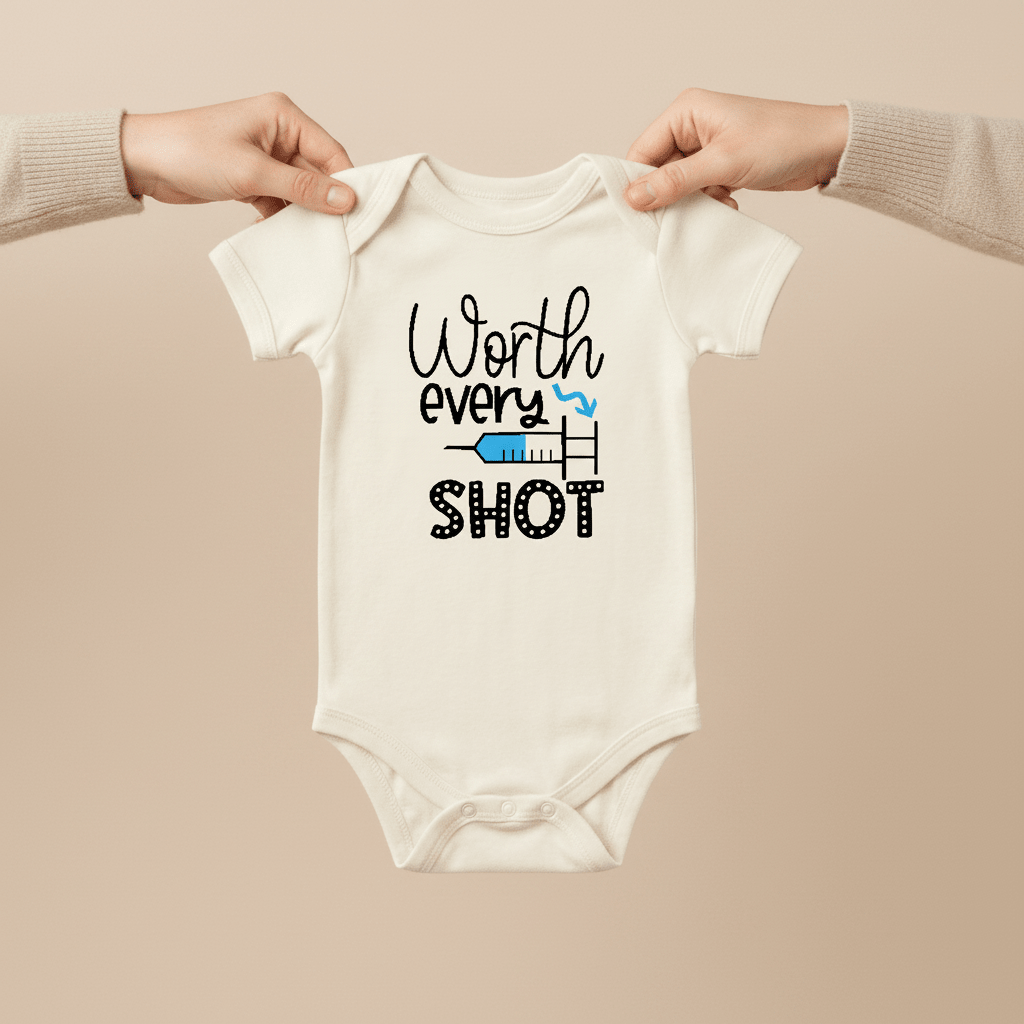 Two hands hold a white Worth Every Shot Baby Onesie – IVF Journey Bodysuit by Toodleroos. The onesie features the words “Worth every shot” alongside a small illustration of a syringe and heart, symbolizing IVF or fertility treatments. This meaningful baby bodysuit from Toodleroos makes an ideal gift for those on their fertility journey or serves as a touching baby announcement outfit, celebrating hope and resilience.