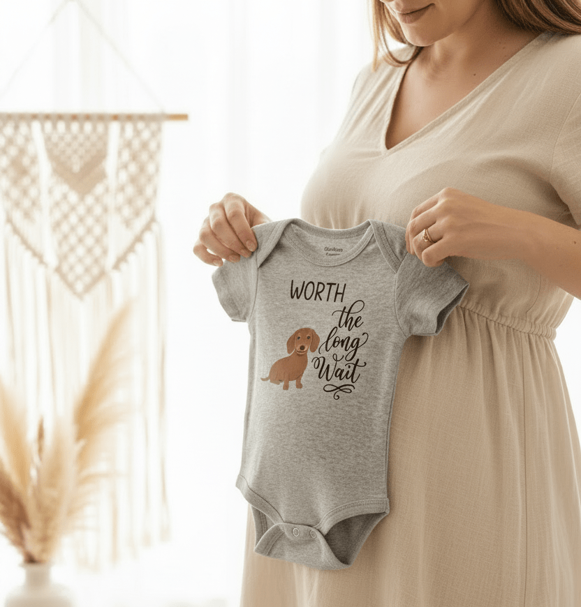 Worth the Long Wait Baby Onesie – Dachshund Announcement Bodysuit - Toodleroos