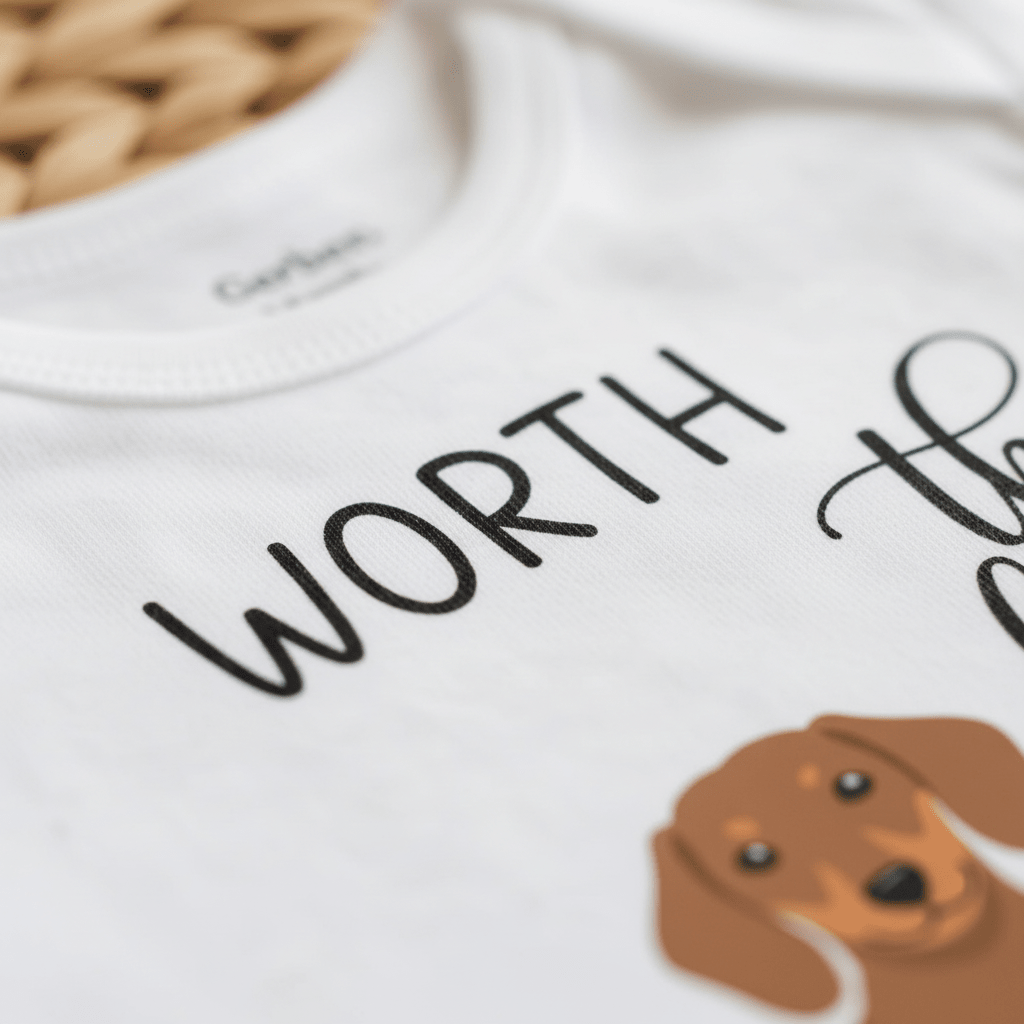 Close-up of the Toodleroos “Worth the Long Wait Onesie – Baby Announcement Bodysuit,” a white baby onesie featuring bold black text that reads WORTH and part of an illustrated brown dog’s face near the lower edge. This special piece celebrates every journey with hope and love woven into each detail.